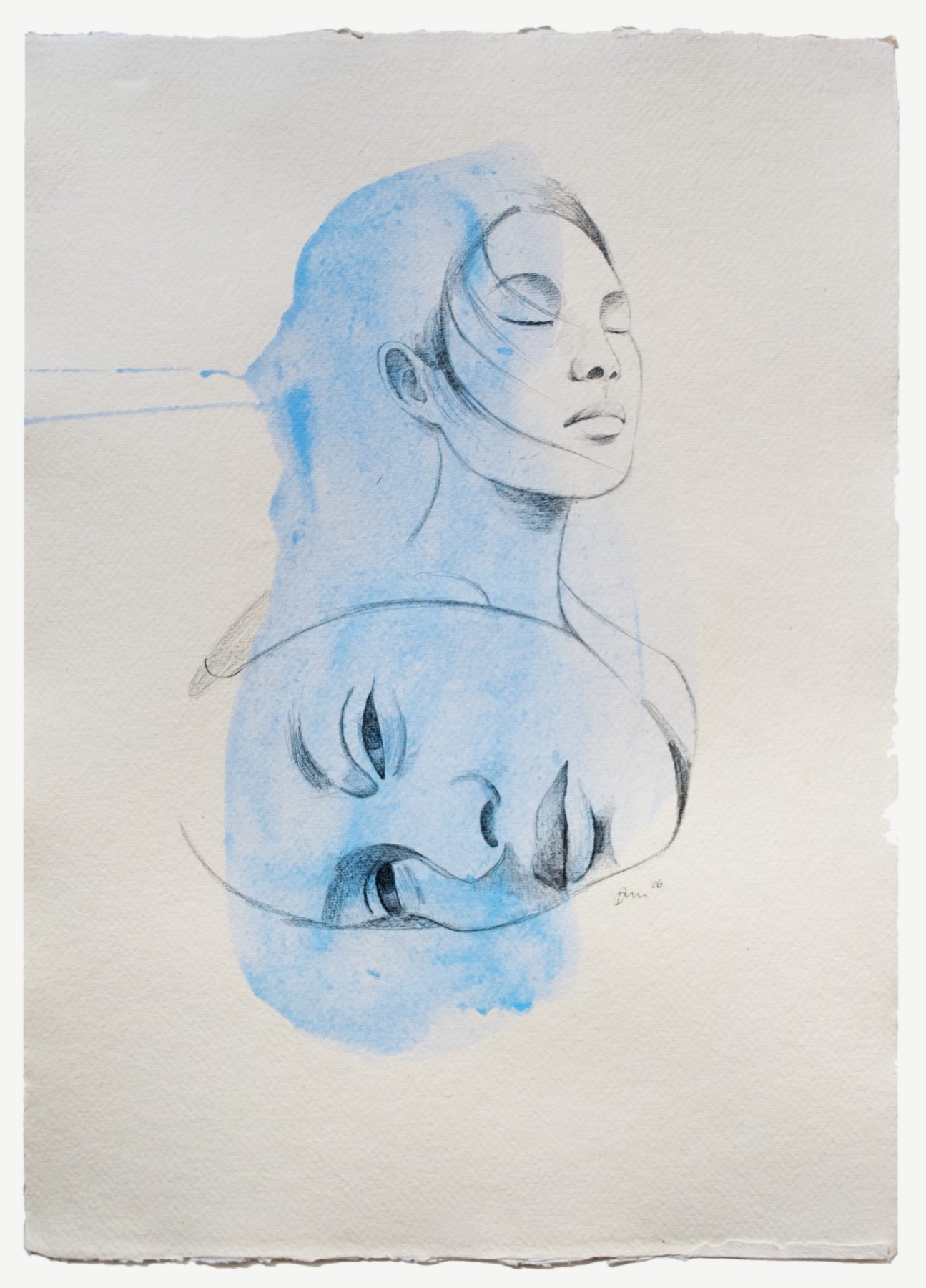 Pencil and blue acrylic drawing of a woman with closed eyes and an inverted second face below her